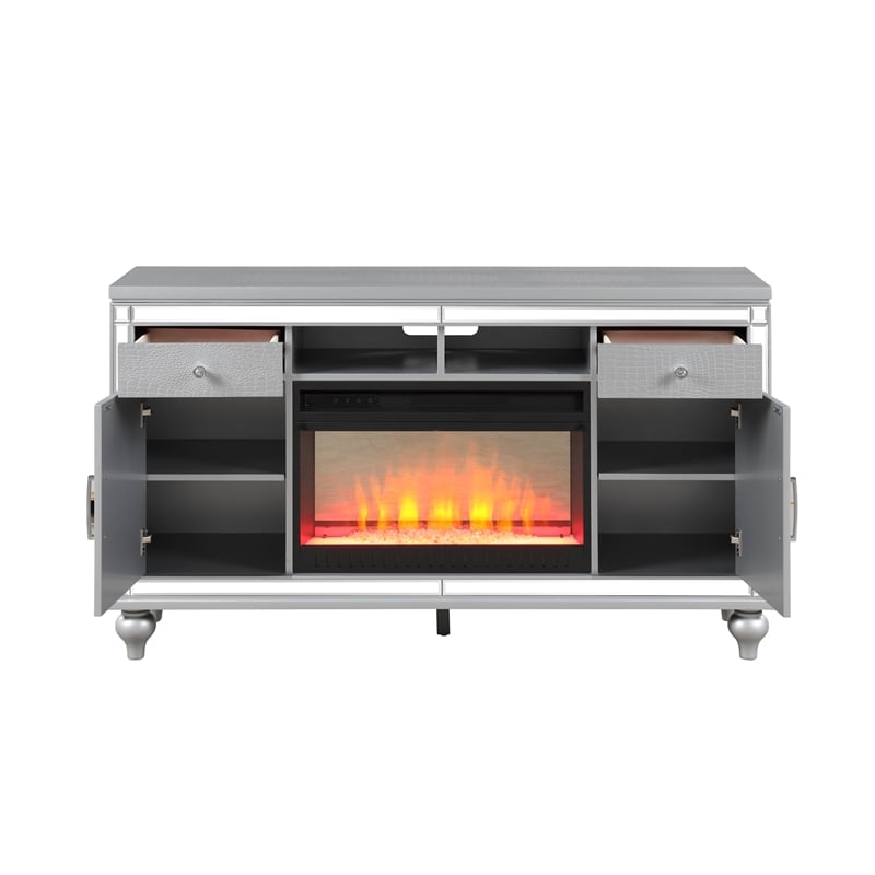 Sterling Solid Wood TV Stand With Electric Fireplace in Silver