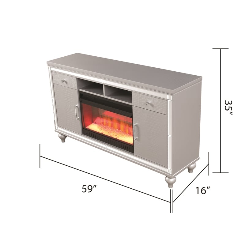 Sterling Solid Wood TV Stand With Electric Fireplace in Silver