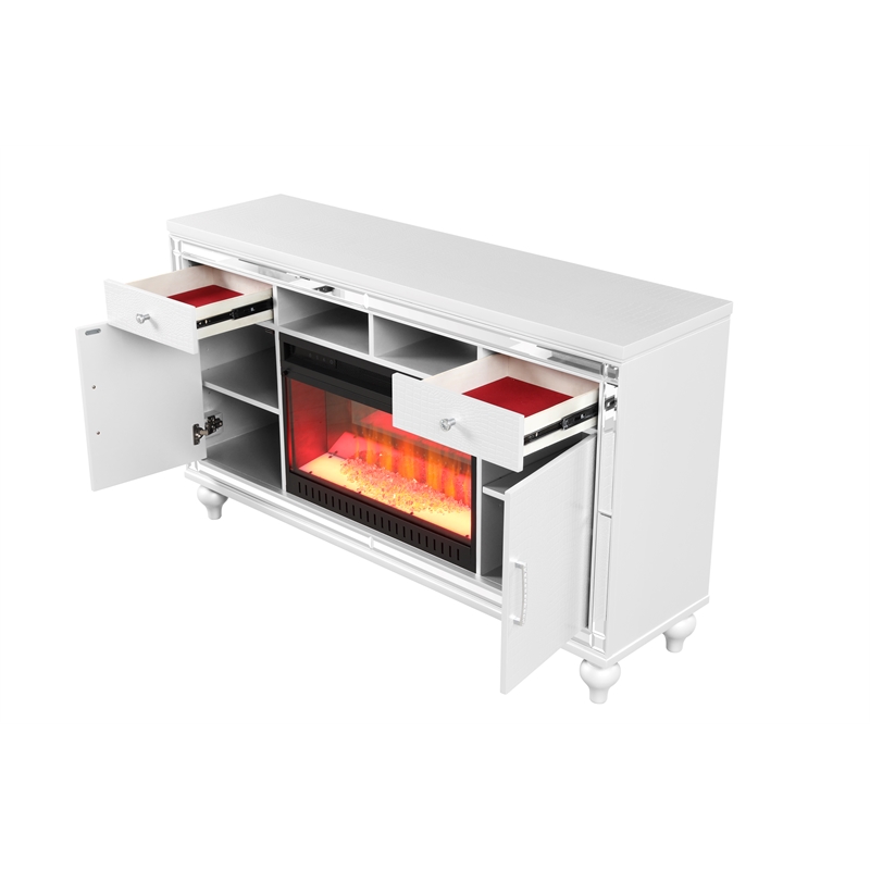 Sterling Solid Wood TV Stand With Electric Fireplace in White