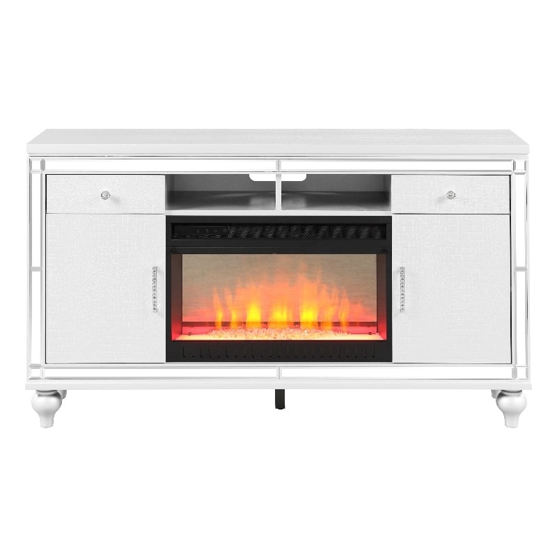 Sterling Solid Wood TV Stand With Electric Fireplace in White