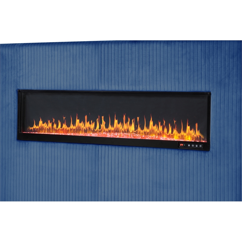 Lizelle Upholstery Wooden King Bed with Ambient lighting in Blue Velvet Finish