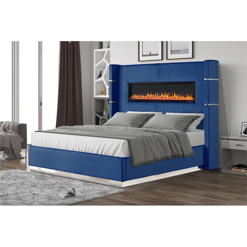 Lizelle Upholstery Wooden King Bed with Ambient lighting in Blue Velvet Finish