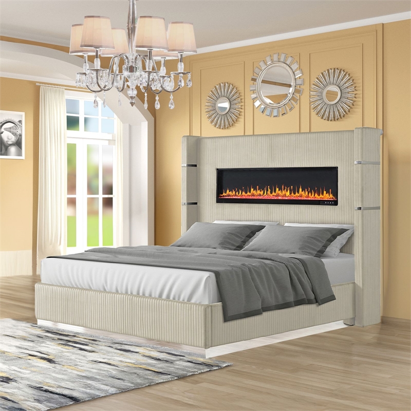 Lizelle Upholstery Wooden King Bed with Ambient lighting in Beige Velvet Finish