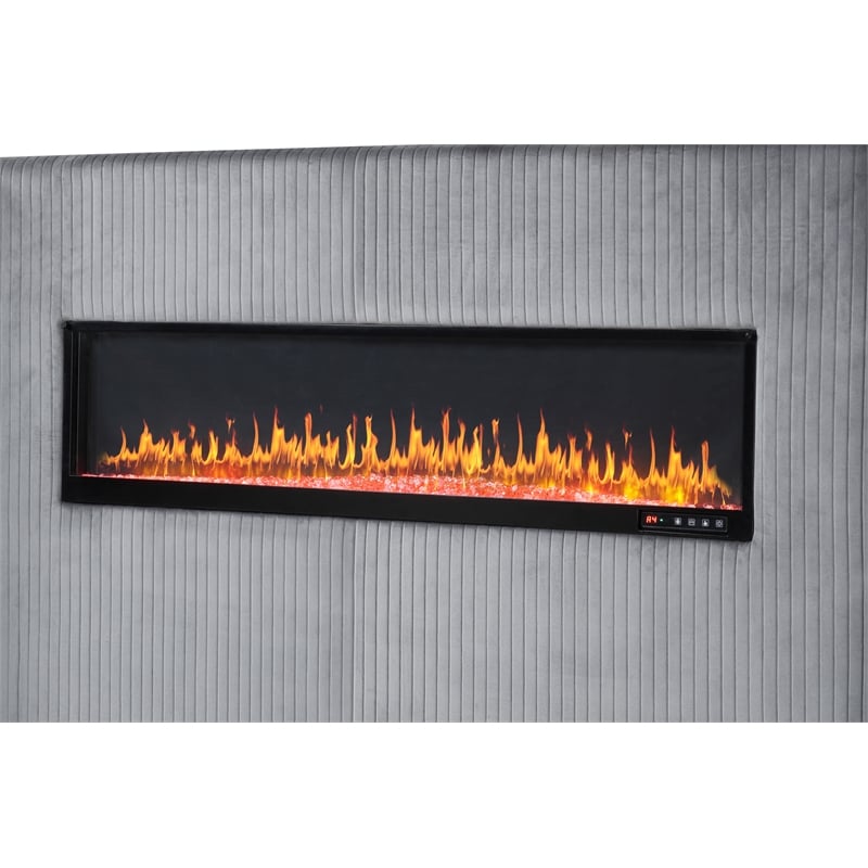 Lizelle Upholstery Wooden King Bed with Ambient lighting in Gray Velvet Finish