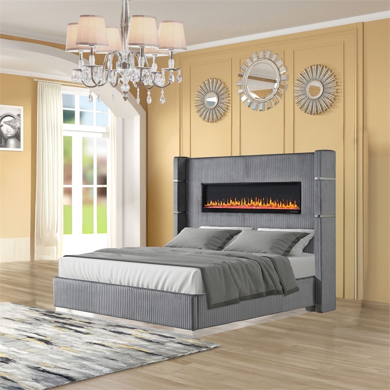 Lizelle Upholstery Wooden King Bed with Ambient lighting in Gray Velvet Finish