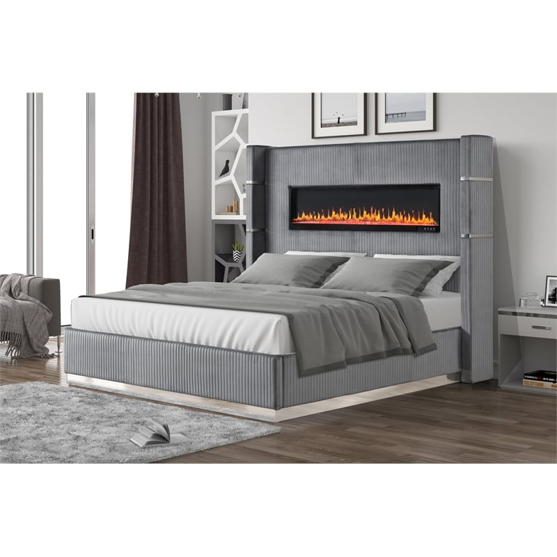 Lizelle Upholstery Wooden King Bed with Ambient lighting in Gray Velvet Finish