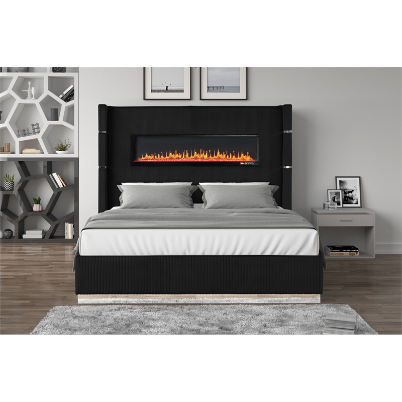 Lizelle Upholstery Wooden Queen Bed with Ambient lighting in Black Velvet Finish