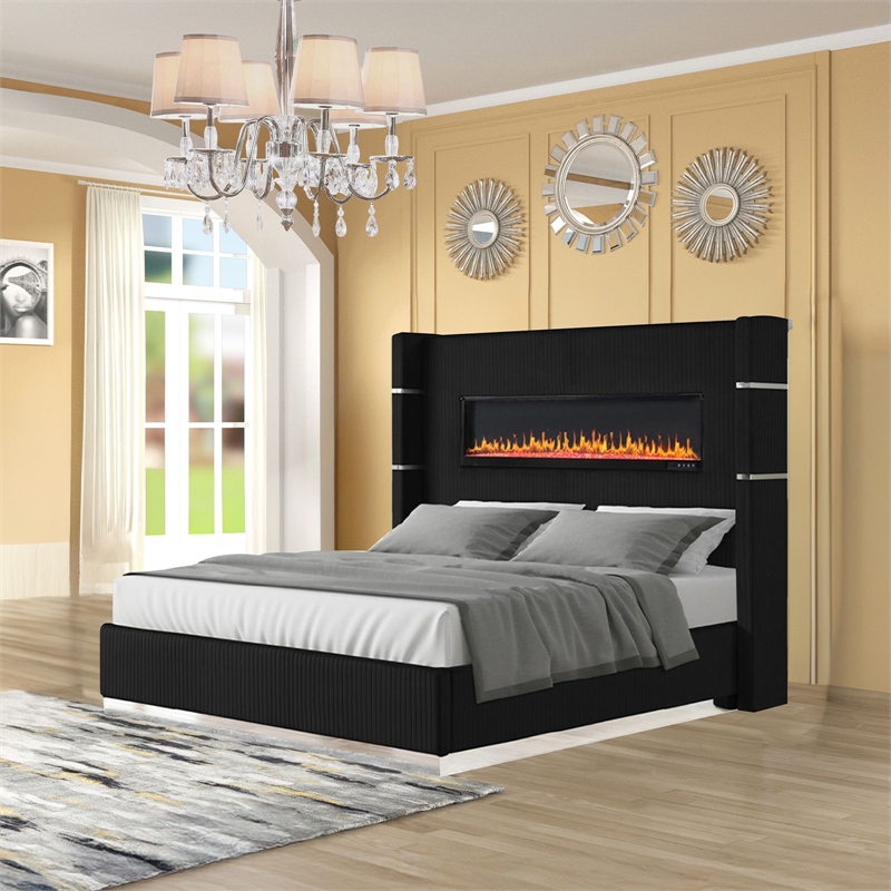 Lizelle Upholstery Wooden Queen Bed with Ambient lighting in Black Velvet Finish
