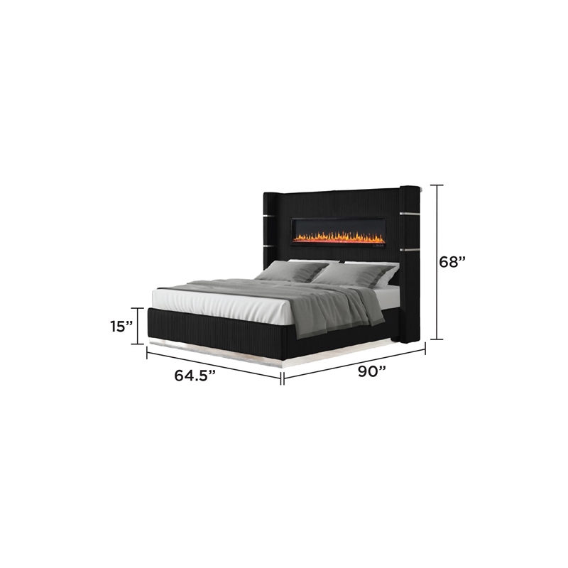 Lizelle Upholstery Wooden Queen Bed with Ambient lighting in Black Velvet Finish