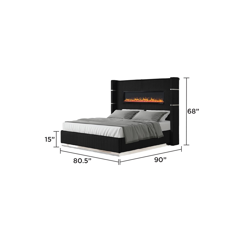 Lizelle Upholstery Wooden King Bed with Ambient lighting in Black Velvet Finish
