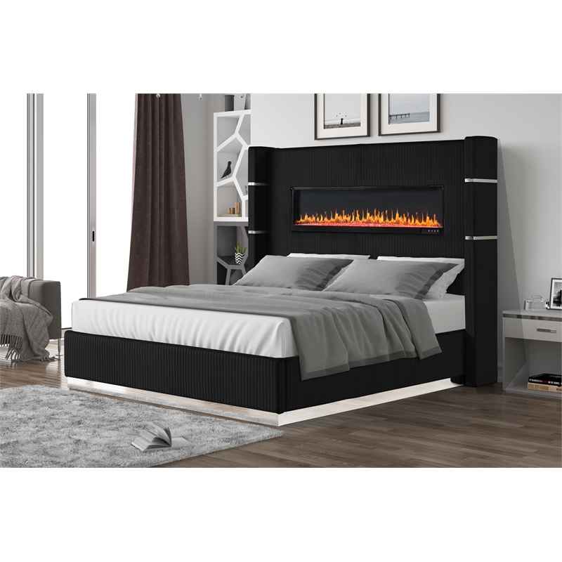 Lizelle Upholstery Wooden King Bed with Ambient lighting in Black Velvet Finish
