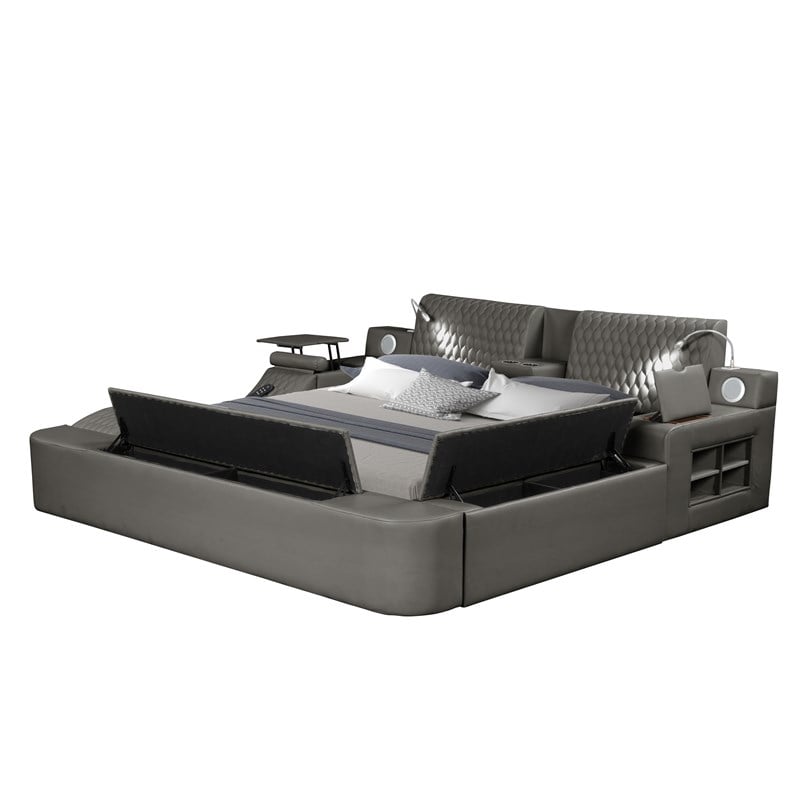 Zoya Smart Multifunctional Wood Queen Bed in Gray