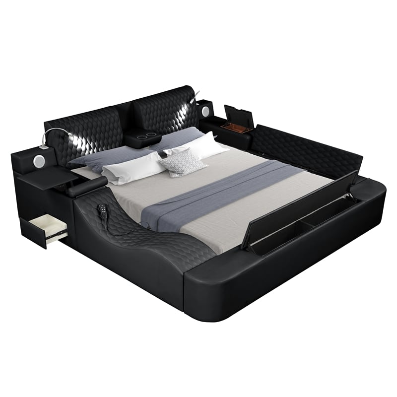 Zoya Smart Multifunctional Queen Size Bed Made with Wood in Black