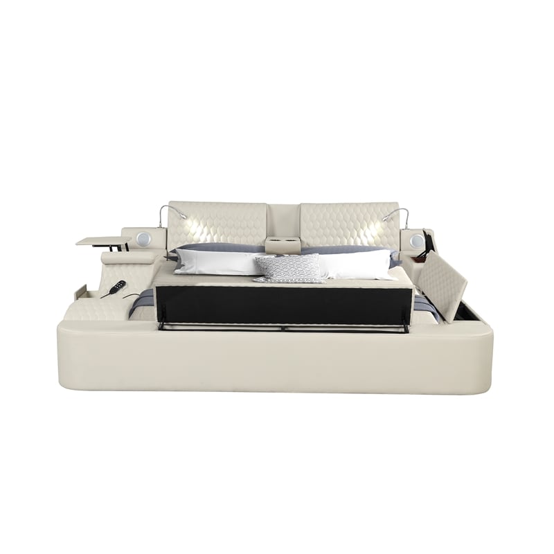 Zoya Smart Multifunctional King Size Massage Bed Made with Wood in Beige