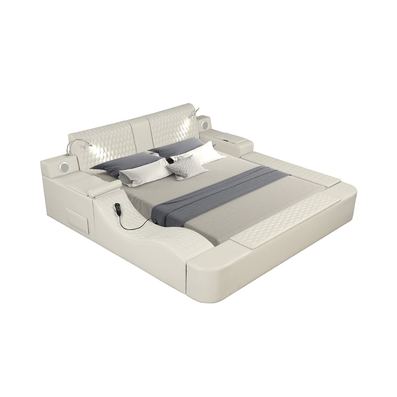 Zoya Smart Multifunctional King Size Massage Bed Made with Wood in Beige