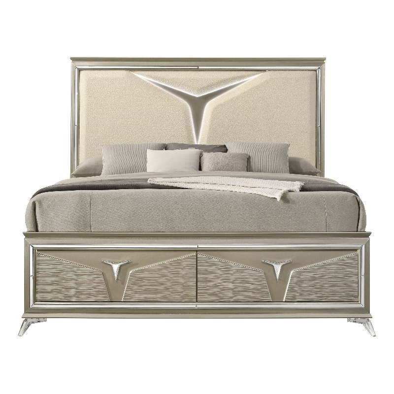 Samantha Modern Style King Bed Made with Wood & LED Headboard in Silver