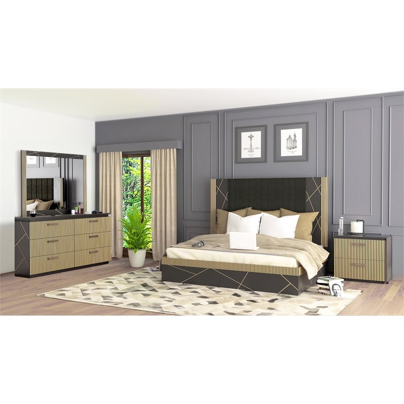 Allure Modern Style 4 PC King Bedroom Set Made with Wood in Black/Gold