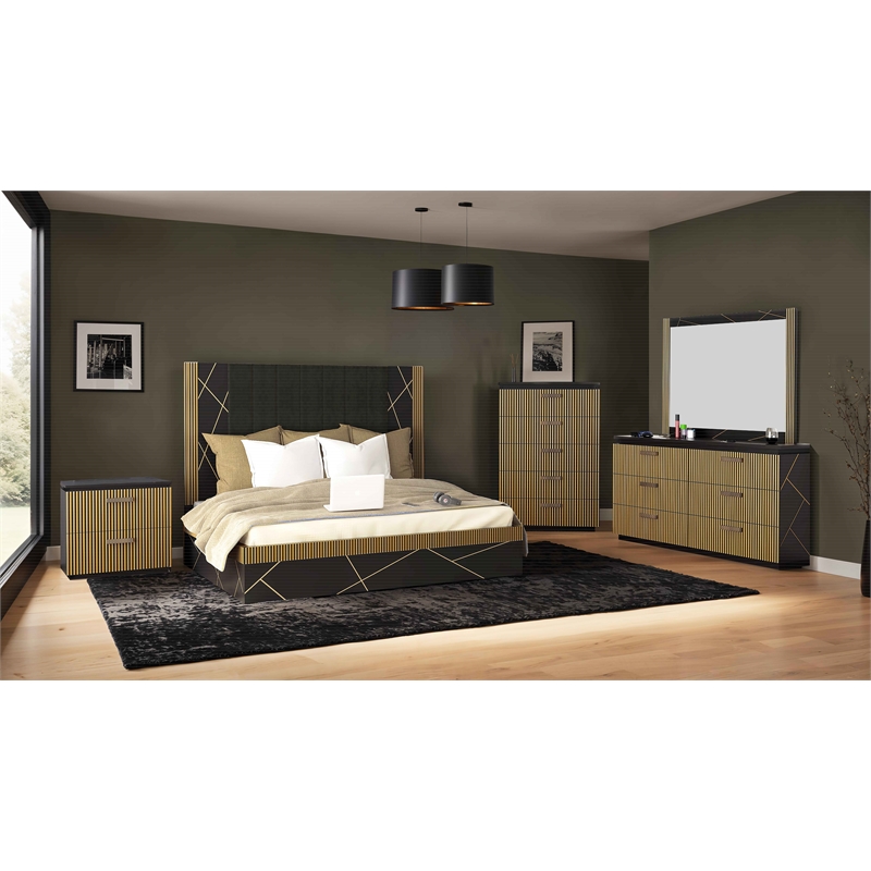Allure Modern Style Queen 5Pc Bedroom Set Made with Mango Wood in Black