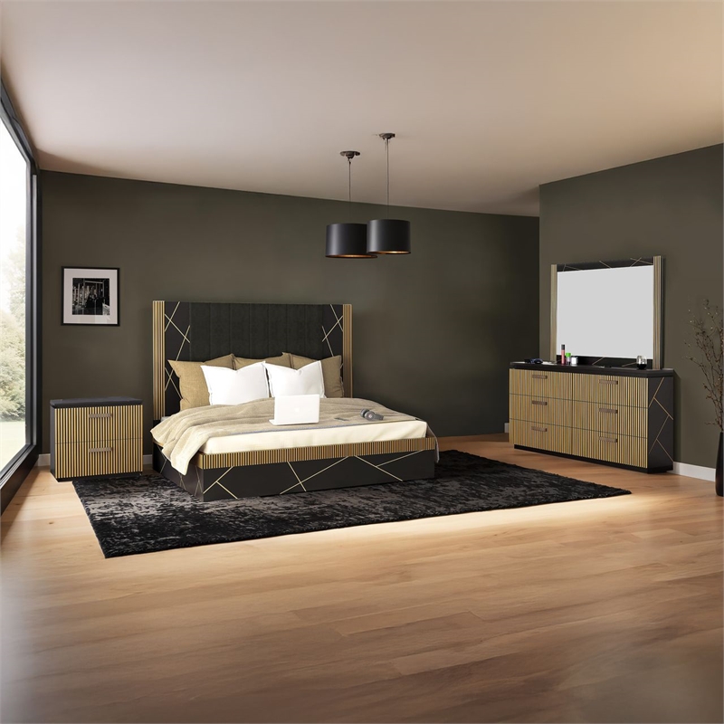 Allure Modern Style Queen 5Pc Bedroom Set Made with Mango Wood in Black