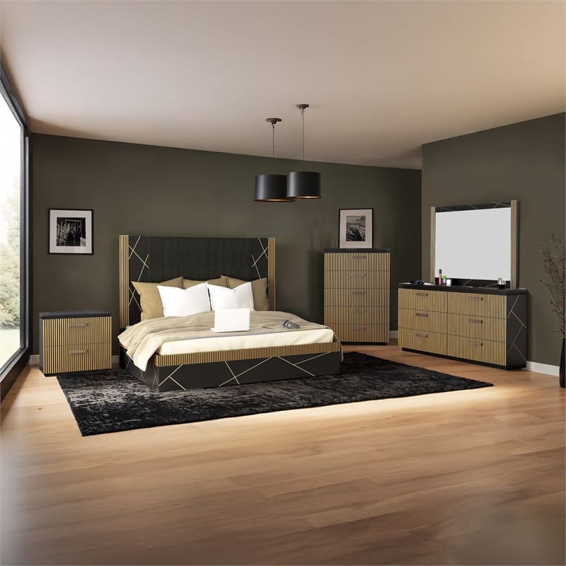 Allure Modern Style King 5Pc Bedroom Set Made with Mango Wood in Black