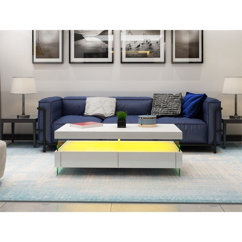 Ria Modern Style Coffee Table Bult-in LED Made with Wood in White