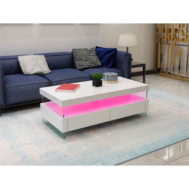 Ria Modern Style Coffee Table Bult-in LED Made with Wood in White