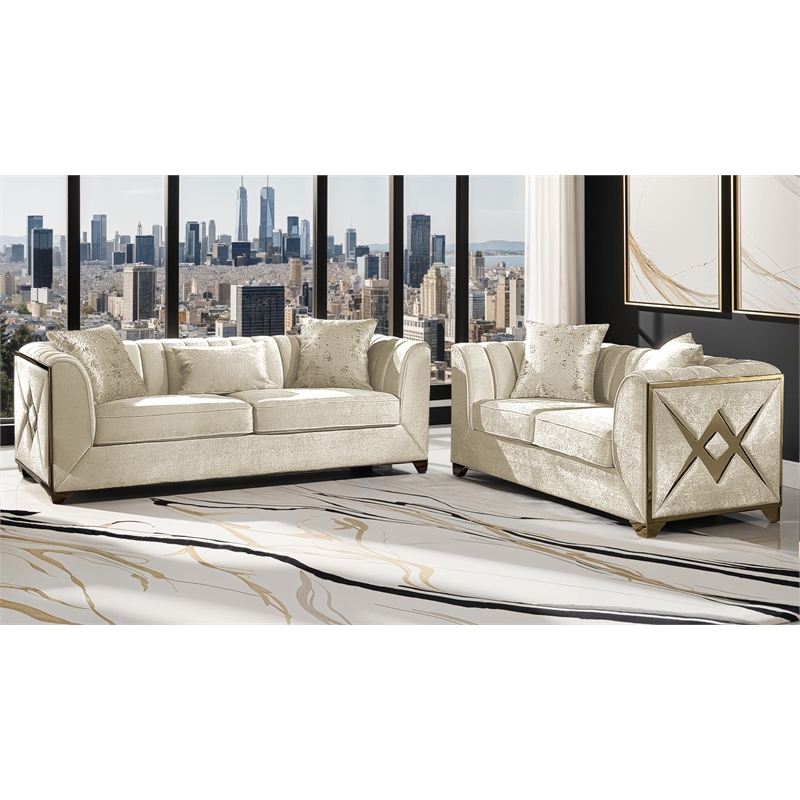 Valencia Modern Style Loveseat in Gold Finish Made with Wood in Cream Color
