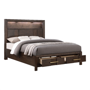 Full Bed Made with Wood and LED Headboard in Walnut Color