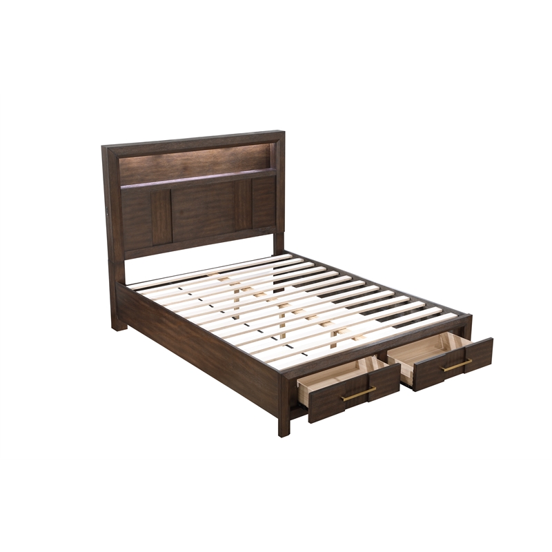 King bed Made with Wood and LED Headboard in Walnut Color