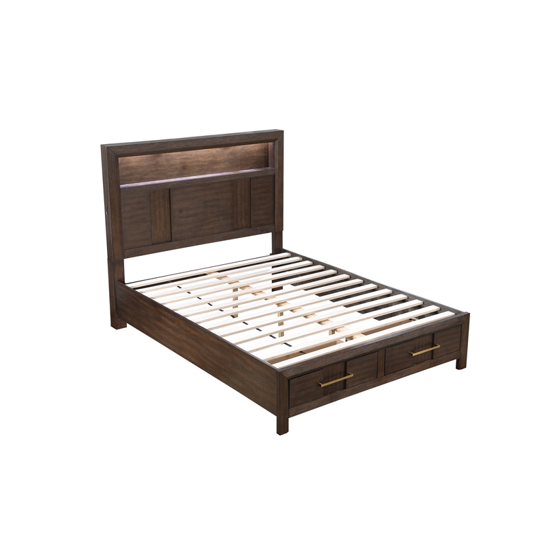 King bed Made with Wood and LED Headboard in Walnut Color