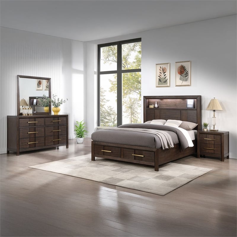 4 PC King Modern Bedroom Set made with Wood in Walnut color