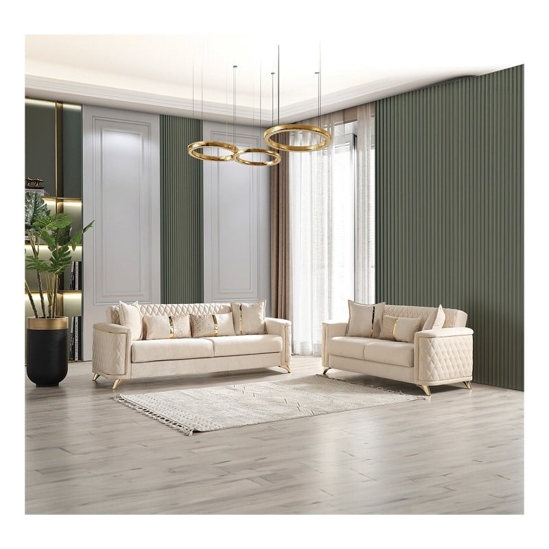 Luna 2 PC Finished in Velvet Fabric made with wood in Ivory Color