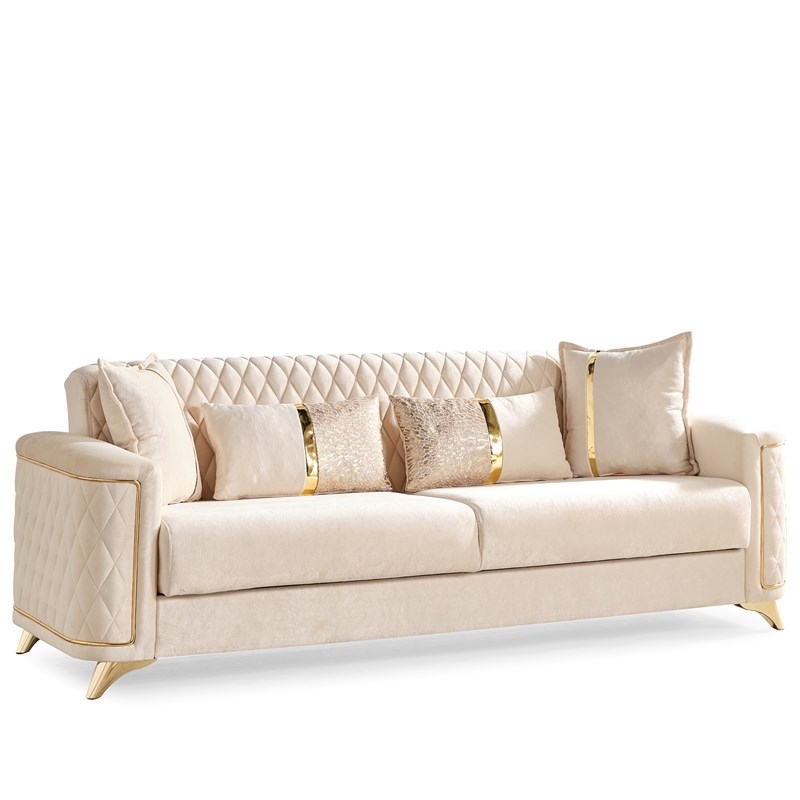 Luna 3 PC Finished in Velvet Fabric made with wood in Ivory Color