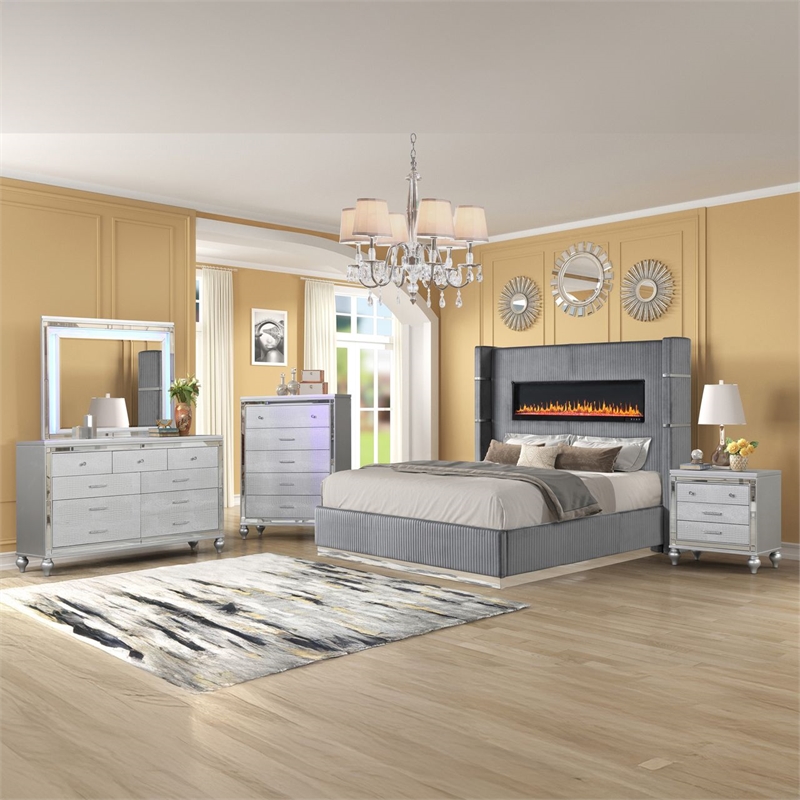 Lizelle Upholstery King 5 Pc Bedroom Set made with wood in Gray