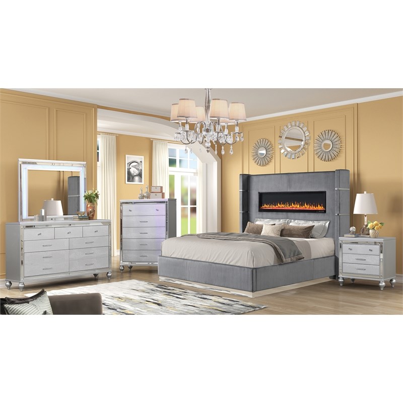 Lizelle Upholstery Queen 5 Pc Bedroom Set made with wood in Gray