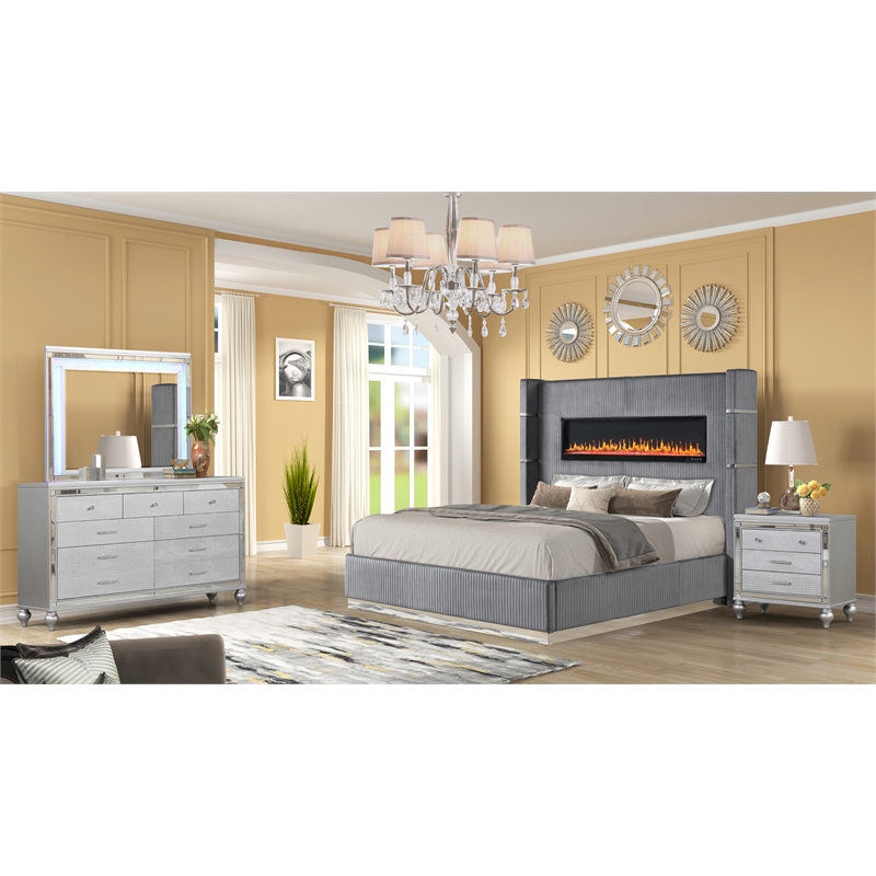 Lizelle Upholstery King 4 Pc Bedroom Set made with wood in Gray