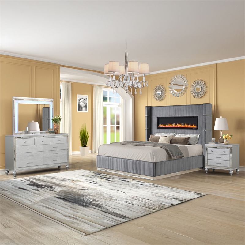 Lizelle Upholstery Queen 4 Pc Bedroom Set made with wood in Gray