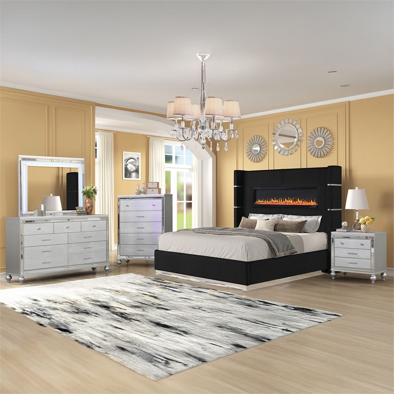 Lizelle Upholstery King 5 Pc Bedroom Set made with wood in Black