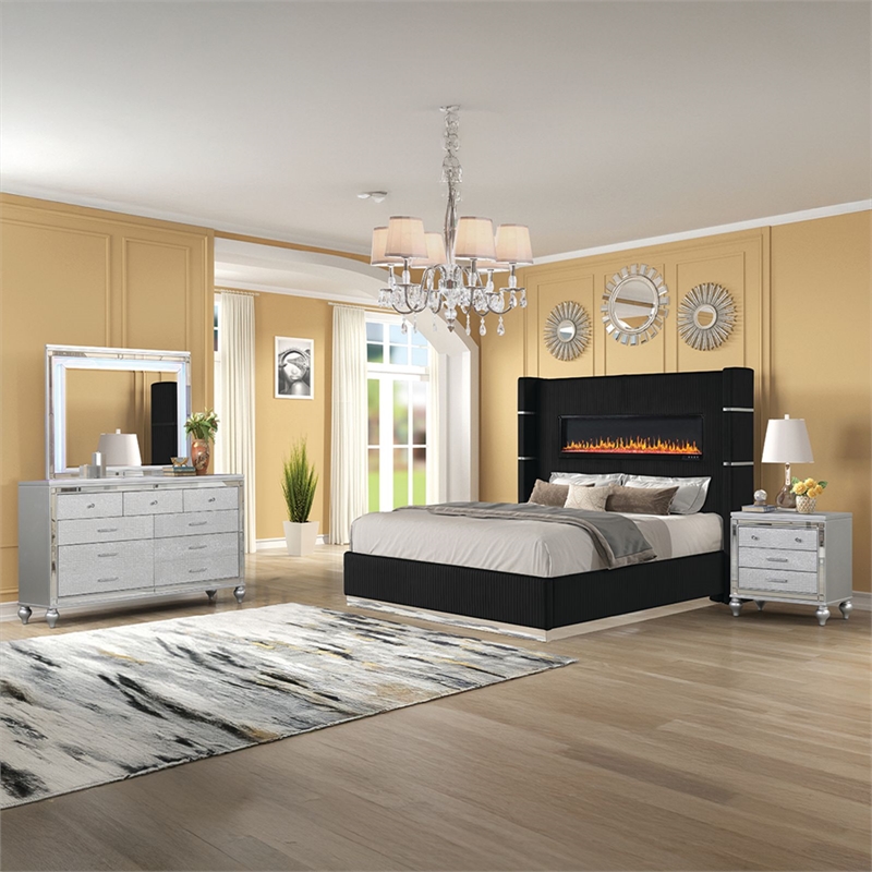 Lizelle Upholstery Queen 4 Pc Bedroom Set made with wood in Black