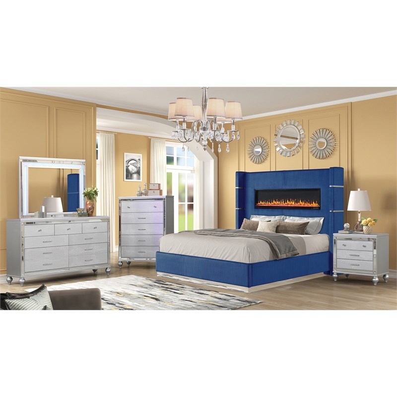 Lizelle 5-Piece Velvet Upholstered King Bedroom Set in Blue