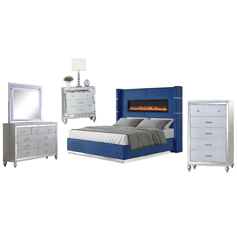 Lizelle 5-Piece Velvet Upholstered King Bedroom Set in Blue