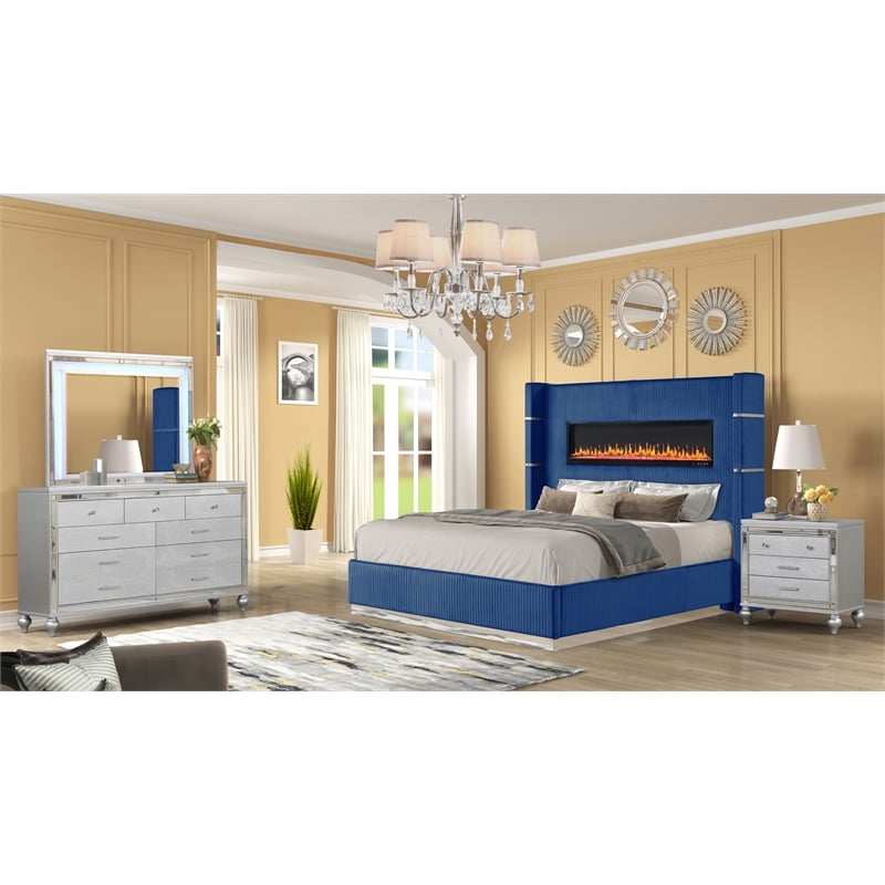 Lizelle 4-Piece Velvet Upholstered King Bedroom Set in Blue