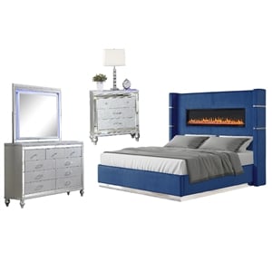 Lizelle 4-Piece Velvet Upholstered King Bedroom Set in Blue