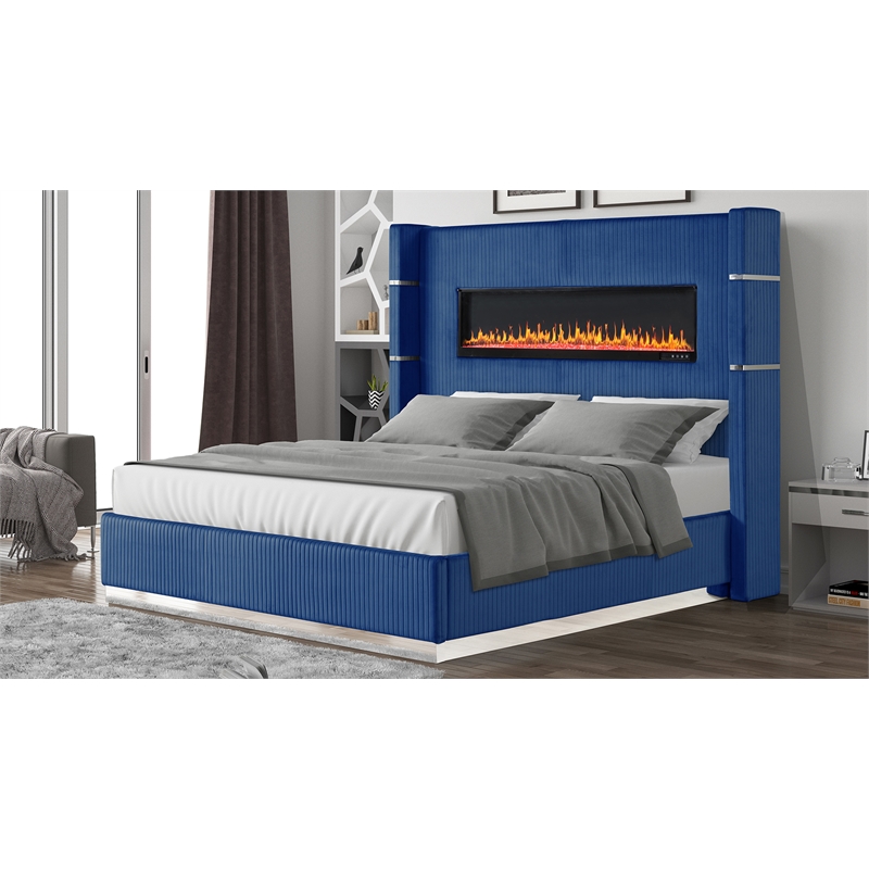 Lizelle 4-Piece Velvet Upholstered King Bedroom Set in Blue