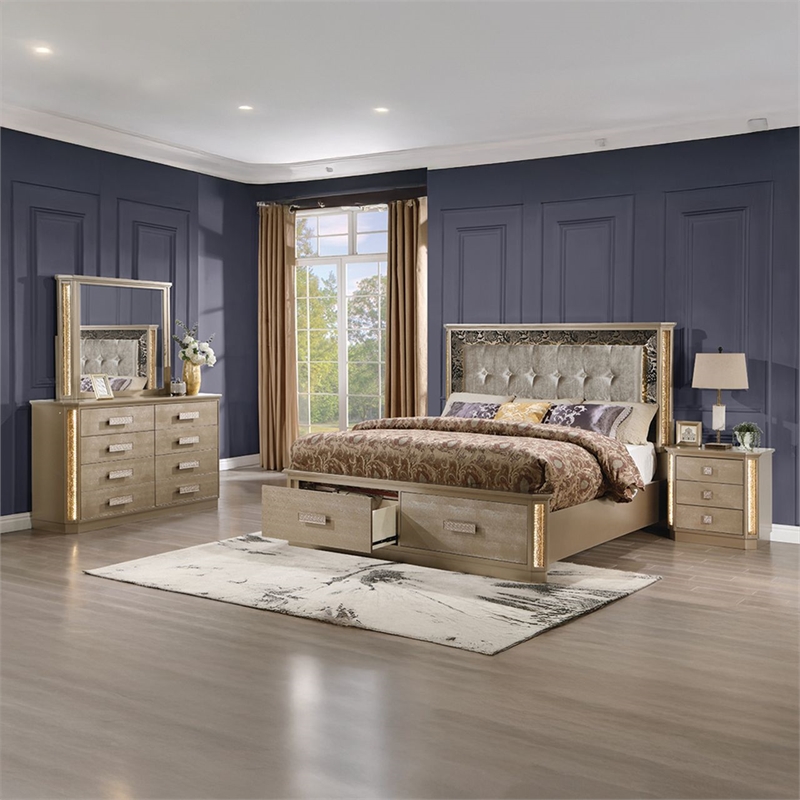 Medusa Modern Style 4Pc King Gold Finish Bedroom Set made with Wood