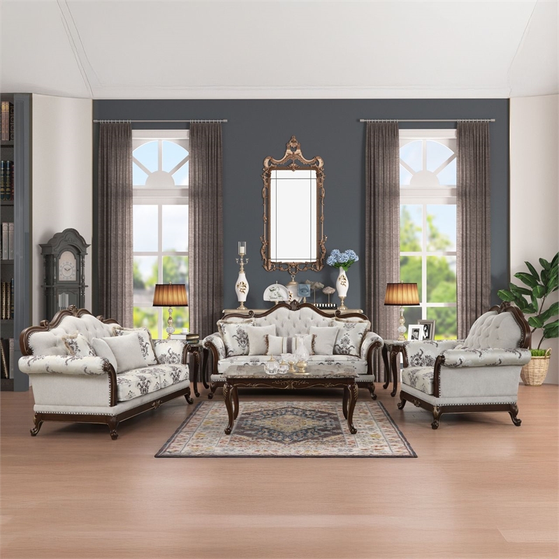Gloria Traditional Style 3PC button tufted Living Room Set in Ivory