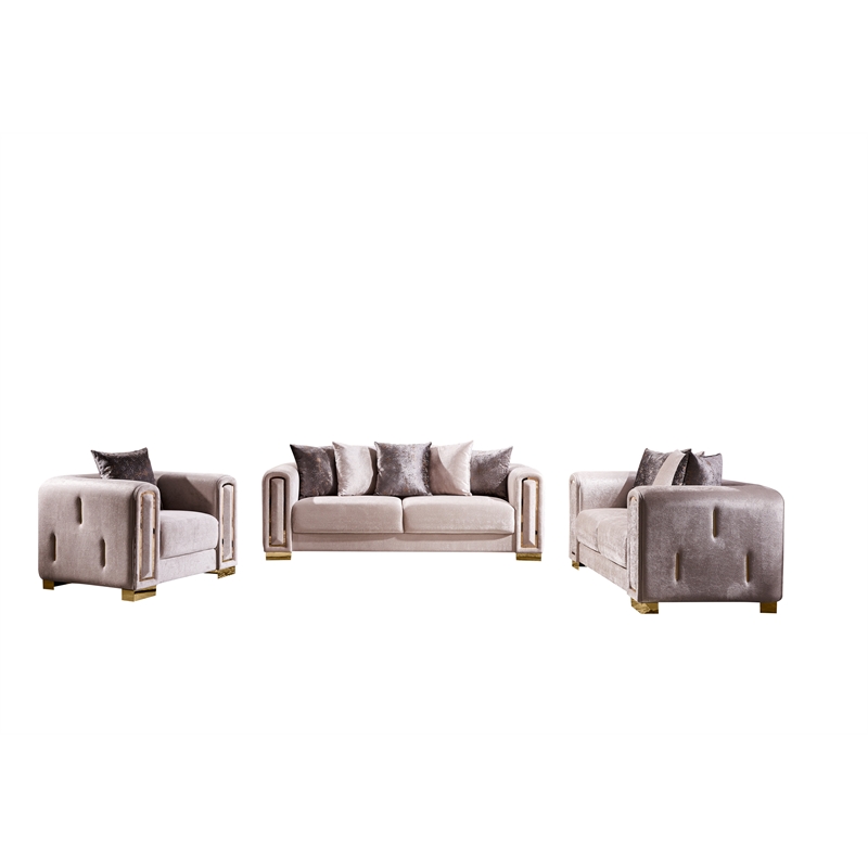 Impreza Thick Velvet Fabric 3Pc Living Room Set Made With Wood in Beige