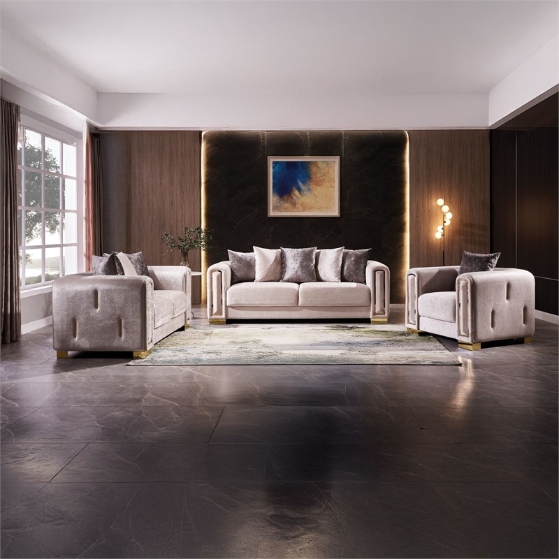 Impreza Thick Velvet Fabric 3Pc Living Room Set Made With Wood in Beige