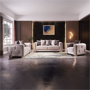 Impreza Thick Velvet Fabric 3Pc Living Room Set Made With Wood in Beige