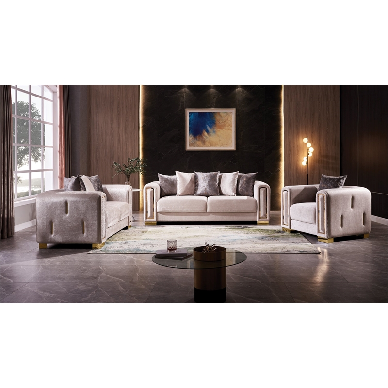 Impreza Thick Velvet Fabric 3Pc Living Room Set Made With Wood in Beige
